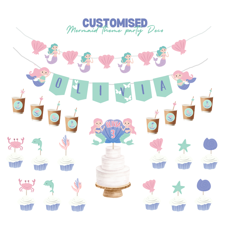 Personalised Mermaid Theme Birthday party decoration - Full Set