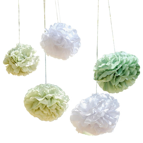 Sage and White Pom Pom Hanging Decorations