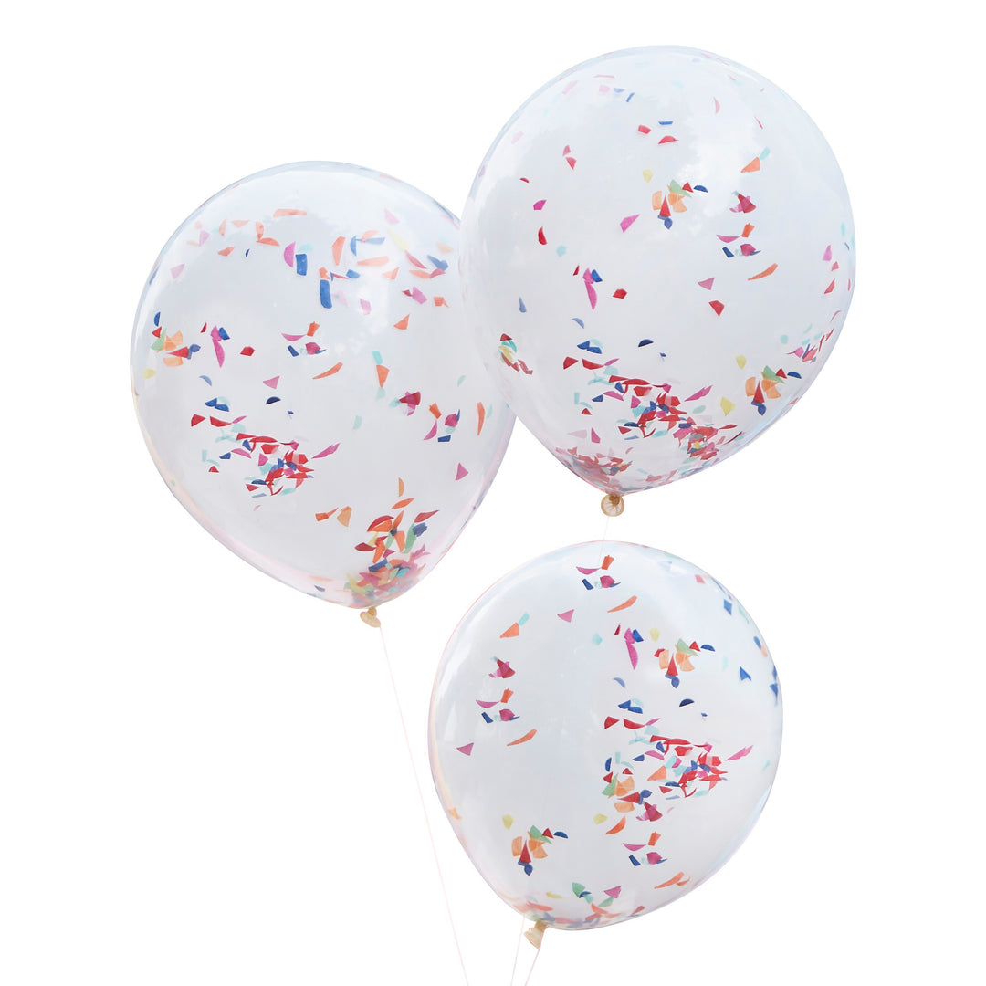 Double Layered White and Rainbow Confetti Balloon Bundle