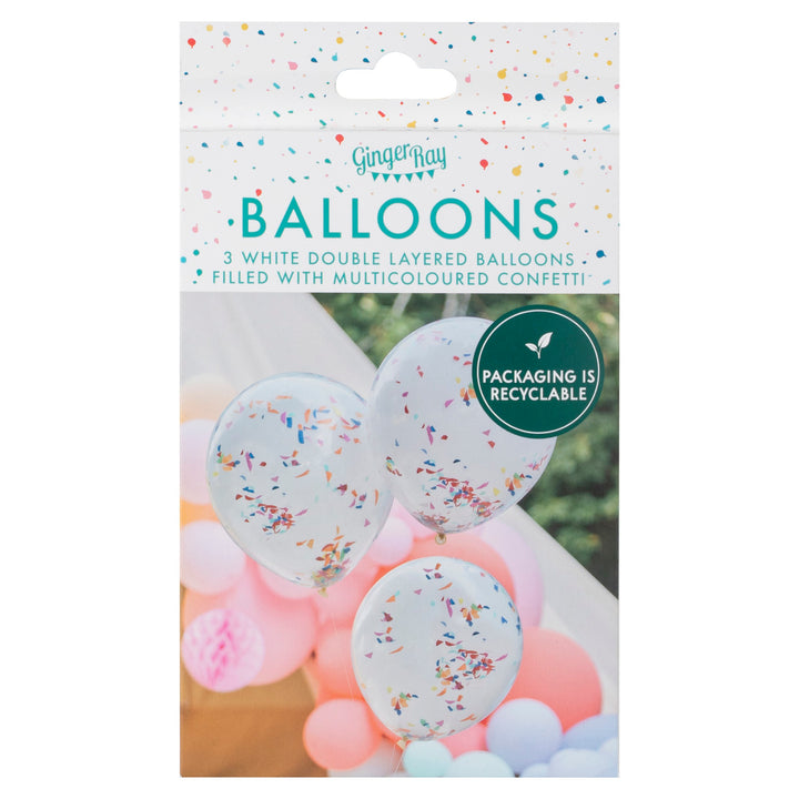 Double Layered White and Rainbow Confetti Balloon Bundle