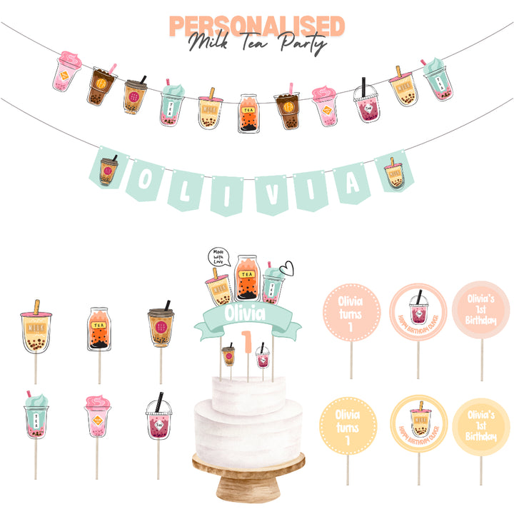 Personalised Boba Milk Tea Bubble Tea Party Decoration Personalized Birthday Banner Cake Topper Cupcake Topper Customise