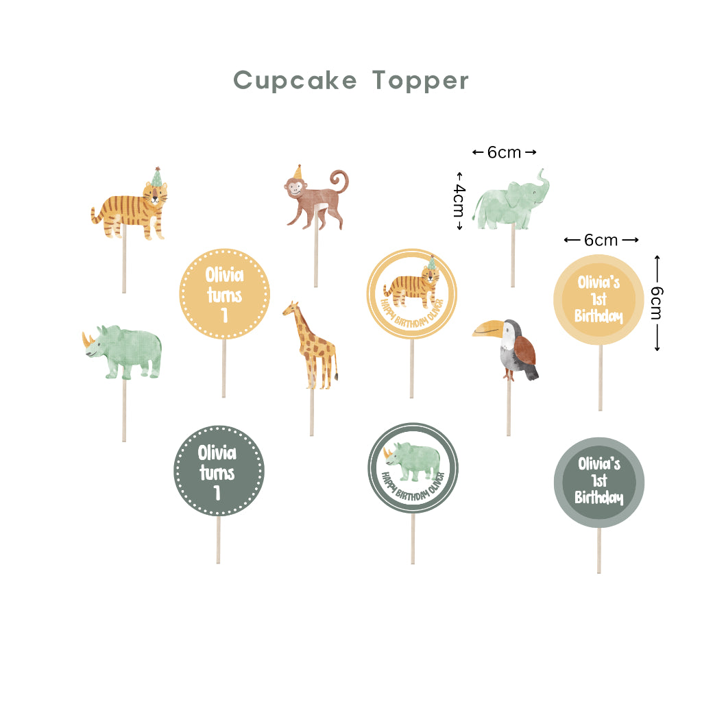 Personalised Safari Animal Party Decoration Personalized Birthday Banner Cake Topper Cupcake Topper Customise