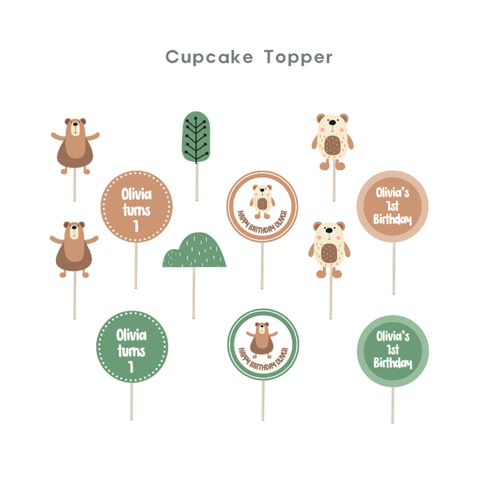 Personalised Forest Bear Party Decoration Personalized Birthday Banner Cake Topper Cupcake Topper Customise