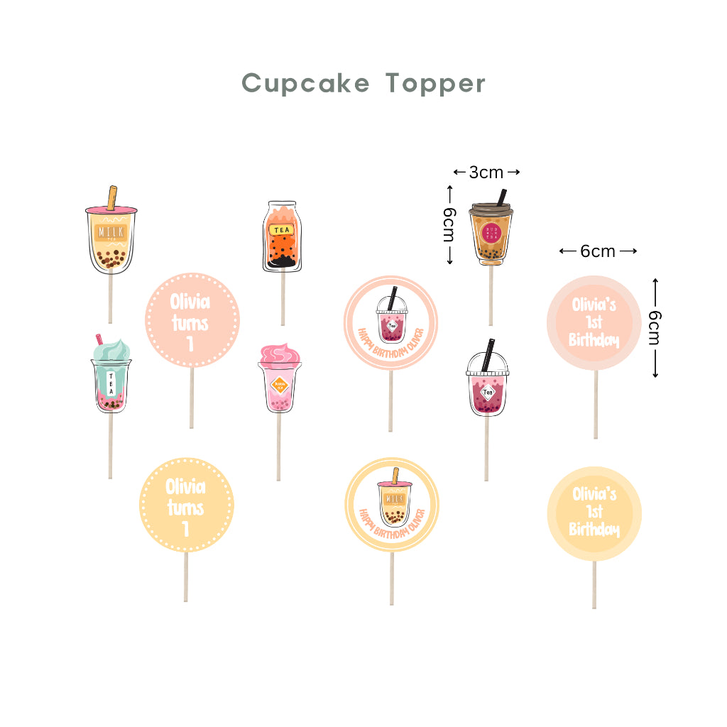 Personalised Boba Milk Tea Bubble Tea Party Decoration Personalized Birthday Banner Cake Topper Cupcake Topper Customise