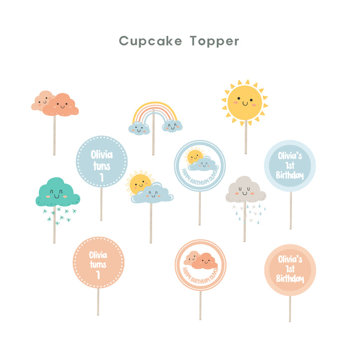 Personalised Weather Party Decoration Personalized Birthday Banner Cake Topper Cupcake Topper Customise