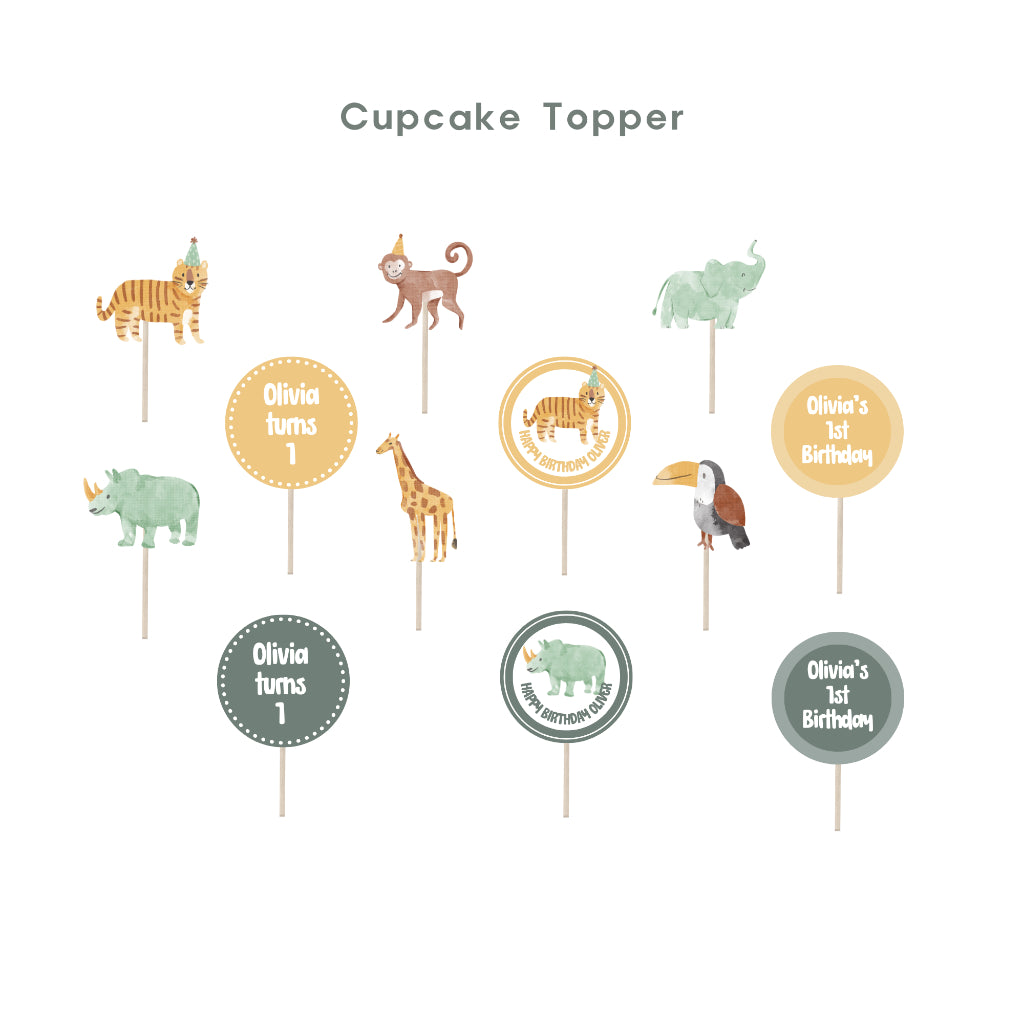 Personalised Safari Animal Party Decoration Personalized Birthday Banner Cake Topper Cupcake Topper Customise