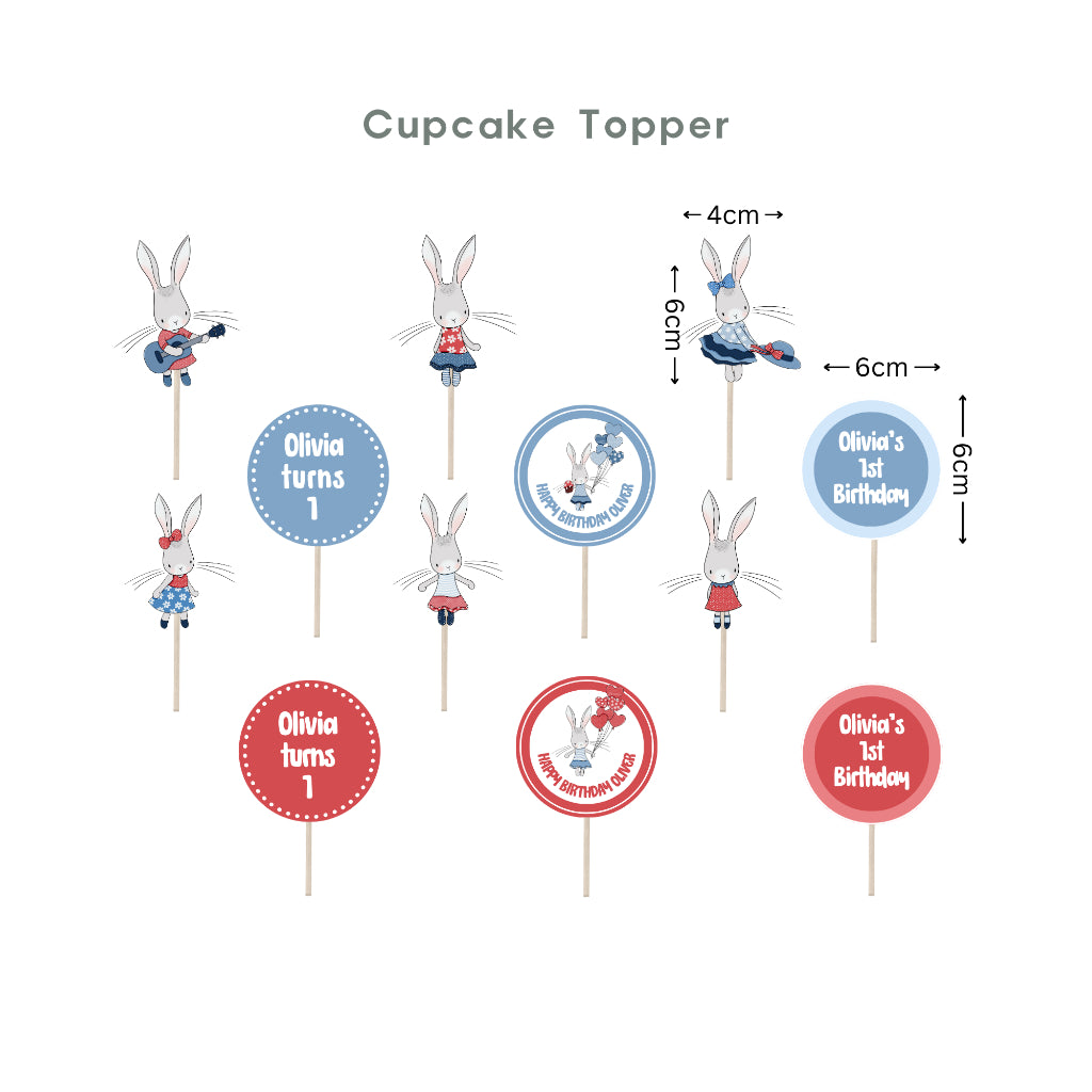 Personalised Bunny Rabbit Party Decoration Personalized Birthday Banner Cake Topper Cupcake Topper Customise