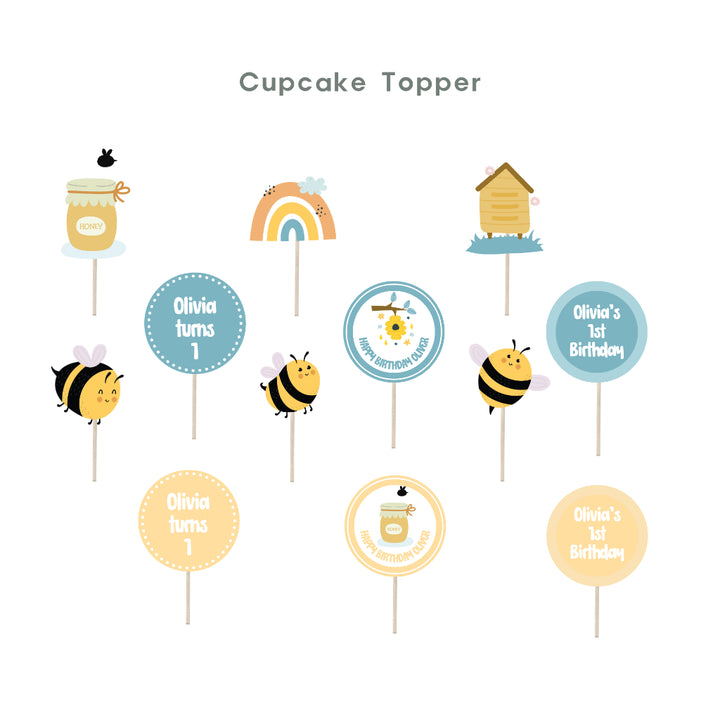 Personalised Bee Party Decoration Personalized Birthday Banner Cake Topper Cupcake Topper Customise