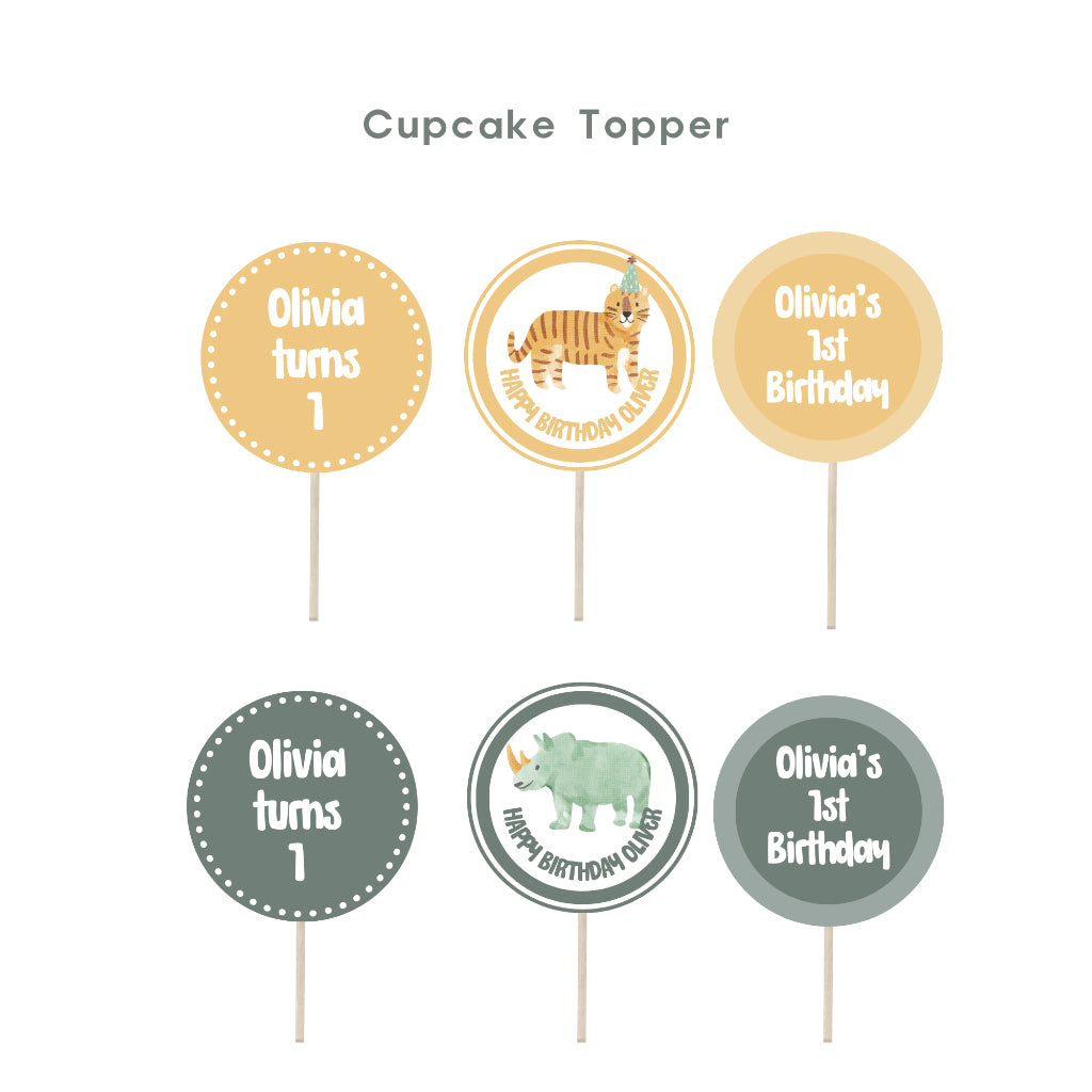 Personalised Safari Animal Party Decoration Personalized Birthday Banner Cake Topper Cupcake Topper Customise