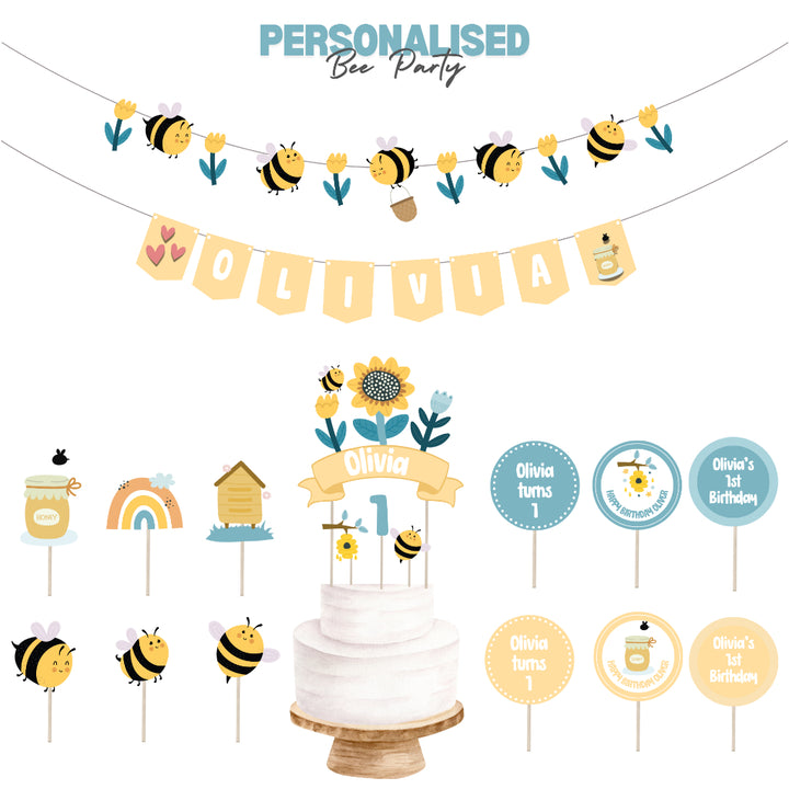 Personalised Bee Party Decoration Personalized Birthday Banner Cake Topper Cupcake Topper Customise