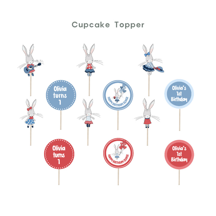 Personalised Bunny Rabbit Party Decoration Personalized Birthday Banner Cake Topper Cupcake Topper Customise